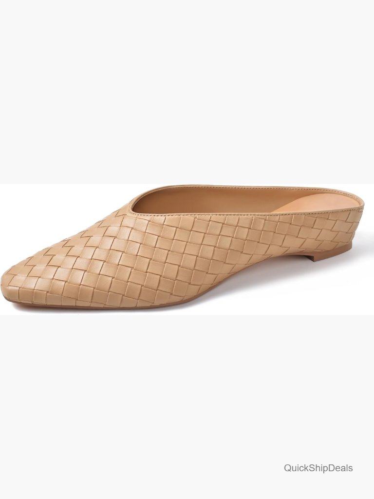 Woven Mules For Women Metallic Leather Slides Square Toe Wedge Heels